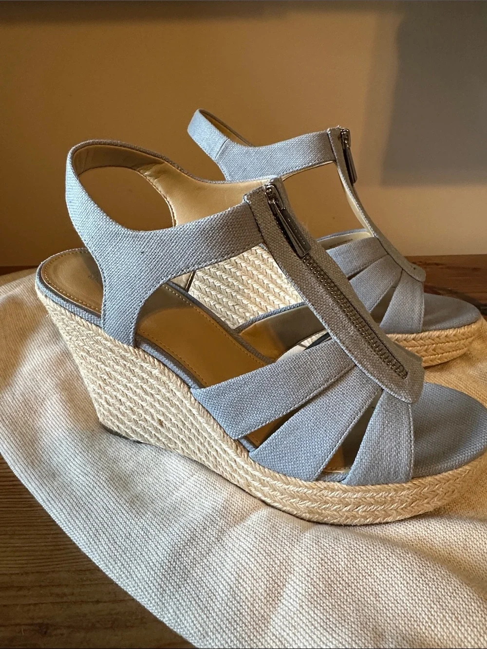 Michael Kors Women’s Light BlueEspadrille Wedge Sandals with Front Zipper